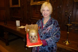 Kate Charles with Eric the skull